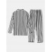 Cotton Mens Vertical Stripes Revere Collar Long Sleeve Home Pajama Set With Pocket