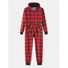 Mens Classical Plaid Print Front Pocket Long Sleeve Zipper Hooded Jumpsuit Home One  Piece Pajamas