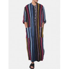 Mens Colorful Striped Double Pocket Side Split Home Casual Long Sleeve Sleepwear Robes